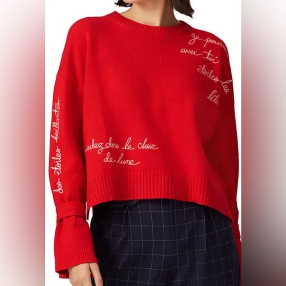 Cinq à Sept red/white sweater: Embroidered sweet nothings, cuffs, cropped/Size S - Picture 1 of 8